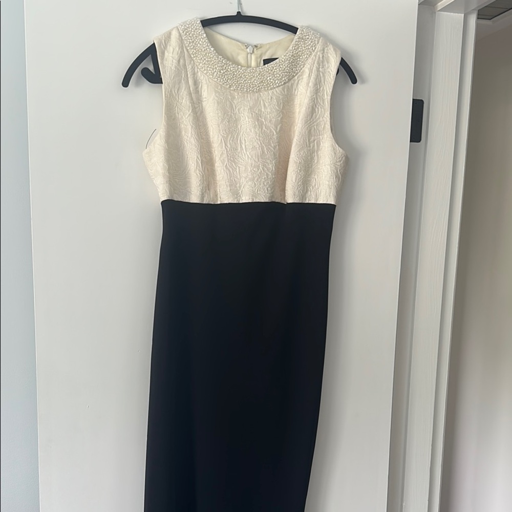 Carmen Marc Valvo Cream and Black Sheath Maxi Dress